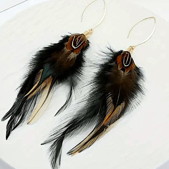 Bohemian Handmade Feather Dangle Earrings, Tribal Design, Western, Boho,… - Picture 2 of 3